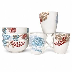 Tabletops Gallery 6pc Ceramic Set Mugs Bowls Floral Blue Red Tan Modern